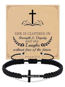 Goodwaro 1 件 18K 镀金不锈钢基督教礼物十字架手链，男/女手工编织信仰励志祈祷珠宝礼物 - 黑色 - 查看 16