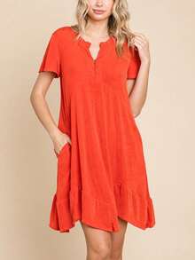 Women's Casual A-Line Dress Basic Short Sleeve Ruffled Asymmetric Hem Shirt Dress Buttoned Keyhole Neck Red Soft Lightweight Fabric Side Pocket Ideal For Spring/Summer Seasons For A Relaxed Effortless Look - Màu Cam san hô - Xem 1
