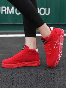 Unisex Sneakers, Red High-Top Lace-Up Flat Casual & Sport Skateboard Shoes, Outdoor Graffiti DIY Lightweight Luxury Solid Color Casual Shoes