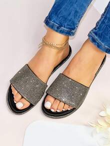 sandalia plana piedras brillantes, sandalia plana con pedrería, sandalia plateada mujer, sandalia plana elegante, sandalia fiesta mujer, sandalia plana con strass, sandalia plana con incrustaciones, sandalia plana con aplicaciones brillantes, sandalia plana con detalles brillantes - Negro - Ver 3