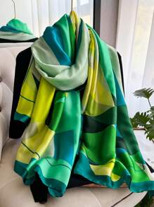 1 件女士几何印花仿丝围巾，时尚百搭防晒披肩，旅行和日常装饰，春秋