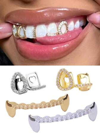 1pc Grillz Tooth Cap Grills For Your Teeth Golden, Heart Silvery Fashion Teeth Jewelry For Women Men Rapper Costume, Music Festival Golden/Silvery