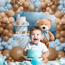 123pcs Gray Blue And Brown Latex Balloon Wreath Arch Kit, Cartoon Bear Baptism Decoration Bohemian Style Blue Brown Balloons, Used For Gender Revealing And Birthday Parties, Forest Parties, Weddings, Home Decor And Outgoing Decor.