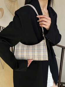 Fashionable & Versatile Minimalist Plaid Casual Shoulder Bag - Beige - View 3