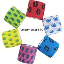 6 Rolls Of Mixed Color Cute Paw Print Self-Adhesive Bandages, Pet Bandages, Non-Woven Bandages, Adhesive Gauze, Suitable For Dogs, Cats, Horses, Birds, Sports On Ankle, Knee, Wrist Support Self-Adhesive Multifunctional Bandages