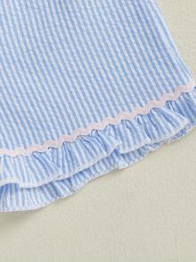 Toddler Baby Little Girl Shorts Set Summer Outfit Puff Sleeve T-Shirt And Smocked Ruffle Shorts Cute Clothes Set - Màu xanh lam - Xem 9