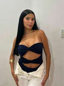 Gringa Fashion Wrap Knot Bodysuit Double Lined Without Suplex Pads - Navy Blue - View 2