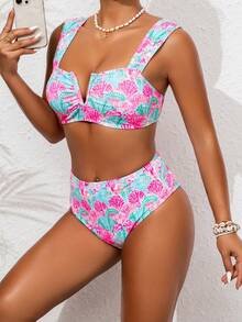 女士彩色贝壳印花深 V 领性感比基尼上衣、高腰修身三角泳裤、性感海滩度假泳装套装 - 彩色 - 查看 5