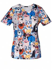 Women's Spring & Summer Cartoon Dogs V-Neck Scrub Short Sleeve Nurse Uniform Tops With Pockets For Women - Multicolor - View 3