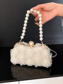 1pc New Fashion Women Clutch Handbag, Elegant Minimalist Solid Color With Rose Decor, Metal Clasp Closure, Pearl Chain, Sophisticated Design For Party, Wedding, High-End Quality