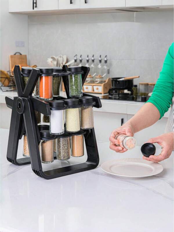 1/18 piezas Estantería giratoria de especias de 360°, set de estantería giratoria de especias de vidrio, botellas de condimentos, tarros de especias y cajas de especias, estantería giratoria multifuncional de especias, base resistente que no se sacude, diseño con tapa a rosca