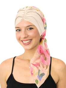 1pc European And American Style Floral Pleated Headband Cap For Women, Fashionable Printed Chiffon Long Tail Headdress Cap