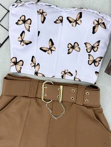 AMYLAN FASHION Neoprene Set Of Butterfly Crop Top With Padding + Shorts With Belt - 棕色 - 查看 3