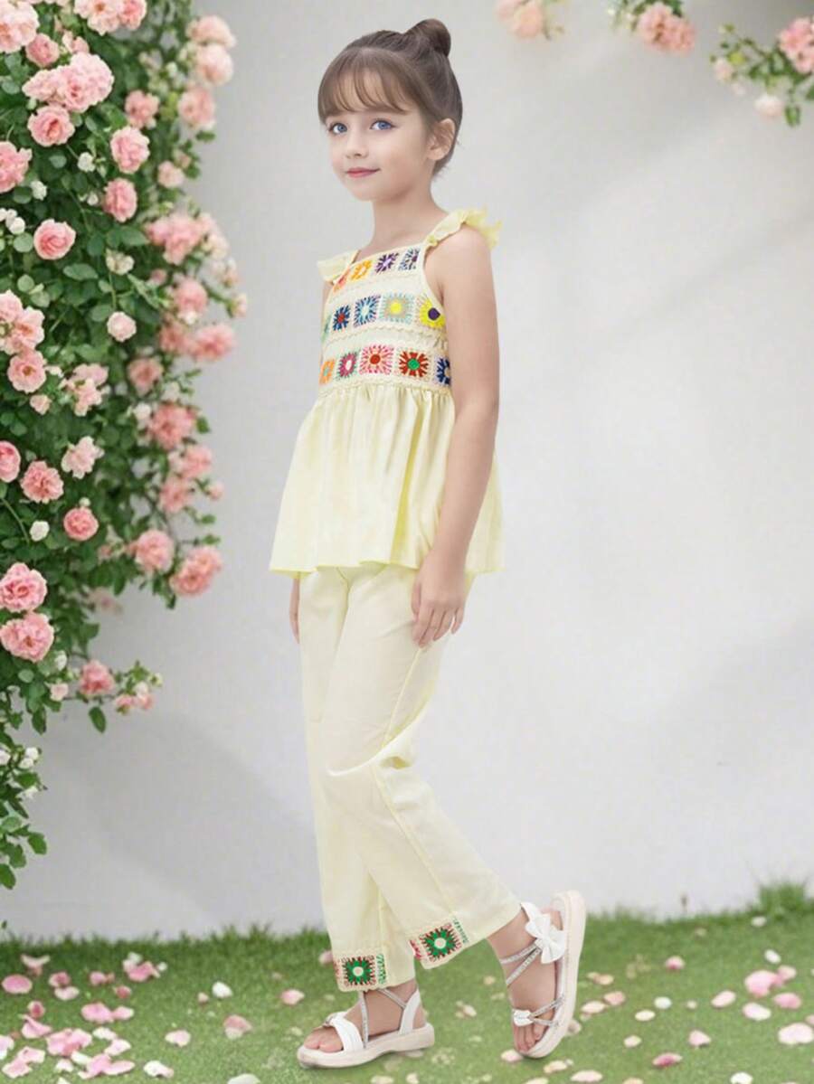 Set 2 buc. fete, top și pantaloni cu mânecă scurtă brodați cu flori colorate, ținută casual confortabilă pentru exterior/sărbători/zi de naștere, vară - Caisă - Vizualizare 1