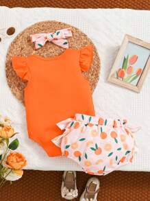 Conjunto de 2 piezas para recién nacida: body de manga corta con estampado de letras azul y cubrepañal con estampado floral, conjunto primaveral adorable