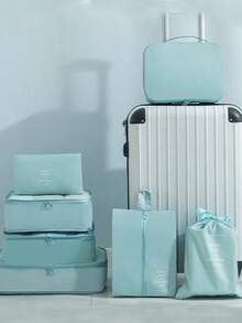 Juego de 9 en 1 Organizador de almacenamiento de viaje, cubos de embalaje plegables para el equipaje que incluyen bolsa de aseo, bolsa de maquillaje, bolsa de ropa interior, bolsa de zapatos, organizador de lencería y calcetines, bolsas de almacenamiento plegables para la ropa, adecuado para maletas