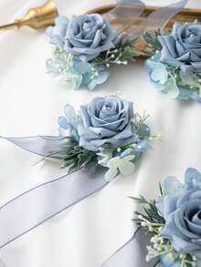 2 piezas/1 pieza Muñequera de Flores de Novia y Boutonnière, Adecuado para Novio, Novia, Padre, Madre, Abuelos Decoración y Uso en Boda, Fiesta de Graduación, Accesorios del Día de San Valentín - Azul - Ver 5