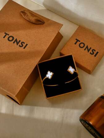 TONSI 1 Set Elegant Fashion Luxury Stainless Steel 18K Gold Plated Clover Bracelet & Ring Jewelry Gift Box Set For Women, Great Birthday/Holiday Gift