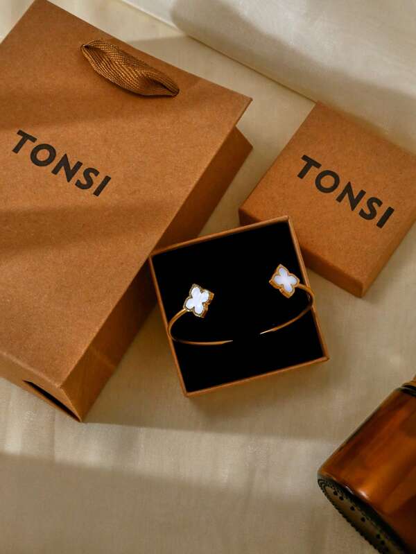 TONSI 1 conjunto elegante de pulseira e anel de trevo banhados a ouro 18K, de aço inoxidável de luxo, caixa de presente para mulheres, ótimo presente de aniversário/feriado