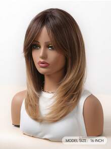 16 Inch Middle Long Straight Hair Brown To Blonde Wig Dark Roots Synthetic Wigs Heat Resistance Hair With Side Bangs Wigs For Women - Brown Ombre - View 5