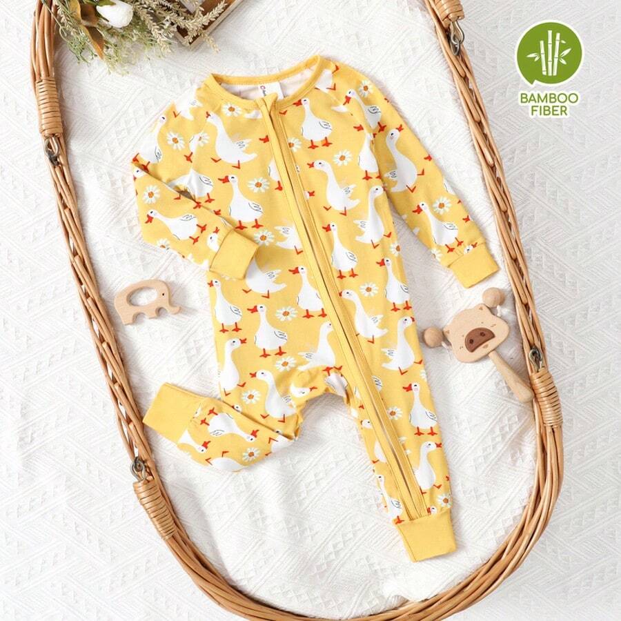 PP Bamboo Fiber Long Sleeve Jumpsuit With Cartoon Goose Print For Baby Girl - Yellow - View 1