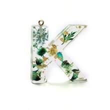1pc Resin Dried Flower Letter Pendant, Floral Leaf & Golden Sequin Design, For DIY Keychains, Bag Charms, Etc.