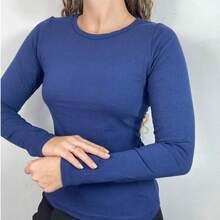 Women's Basic Long Sleeve Cotton Blouse - 藏蓝色 - 查看 3