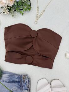 ELLIE Women's Strapless Crop Top With Button Details - 深棕色 - 查看 3