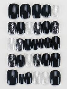 30Pcs Short Square Dark Fairy Nail Stickers With 1Pc Jelly Gel And 1Pc Cuticle Pusher Press On Nails Nail Supplies Nails