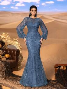 Faeriesty 高级魅力优雅长袖亮片鱼尾礼服，专为女性打造——精致的水晶串珠刺绣，闪耀夺目的全身细节，修身喇叭裙摆，适合红毯活动、奢华婚礼、正式晚宴和时装秀等场合。 - 霧霾藍 - 查看 3
