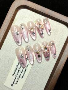 Handmade Nail Art Press-On Nails, Shiny, French Dual-Tone, 3D Butterfly Design, Rhinestones, Fashionable High-End Cat Eye Effect, Reusable For Women - Pink - View 1