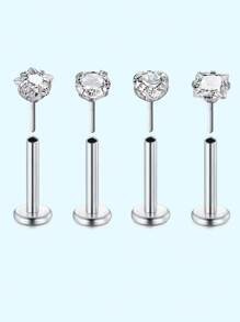 4Pcs Love/Star/Square/Round Shape Clear CZ Labret Inthread & Threadless Lip Rings Nose Rings Studs Stainless Steel Helix Conch Cartilage Earrings Piercing Jewelry For Women Man Personalized Decor