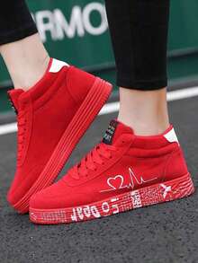 Unisex Sneakers, Red High-Top Lace-Up Flat Casual & Sport Skateboard Shoes, Outdoor Graffiti DIY Lightweight Luxury Solid Color Casual Shoes