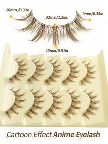 Rikuaild 5对棕色娃娃款自然假睫毛，动漫风格 - 透明睫毛梗，柔软自然，卡通妆效，狐狸眼效果，仙女风格，适合旅行、日常妆容、角色扮演 - 可重复使用的条状假睫毛 - 尖尾漫畫款 - 查看 7