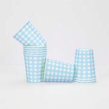 Juego de 10 piezas/20 piezas/50 piezas Vasos de papel desechables a cuadros azules para fiestas en estilo , vasos de papel a cuadros azules para bebidas calientes y frías para decoración de boda, cumpleaños, picnic y fiestas - Azul - Ver 4