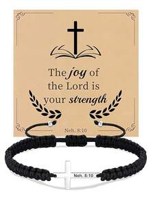 Goodwaro 1 件 18K 镀金不锈钢基督教礼物十字架手链，男/女手工编织信仰励志祈祷珠宝礼物 - 黑色 - 查看 11