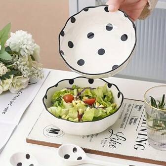 1pc Vintage Polka Dot Ceramic Salad Bowl, 6 Inch Round, Microwave & Dishwasher Friendly, Bottom Glaze Craftsmanship, Home Decor & Kitchen Essential,School Supplies