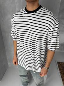 Camiseta casual de cuello redondo de manga corta a rayas para hombres, para el verano