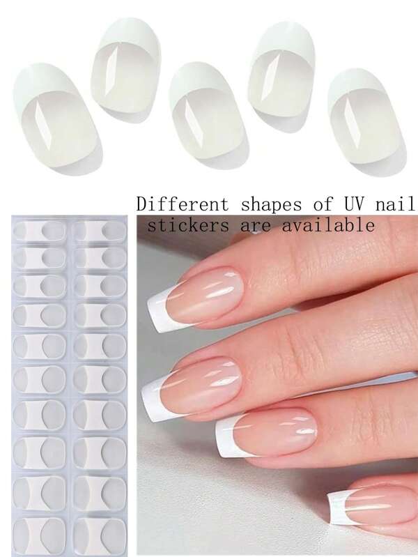20 Fingers French White Semi-Cure Gel Nail Sticker, Self-Adhesive Full Coverage Nail Film, Long-Lasting Gel UV Nail Sticker, Suitable For Women And Girls For Daily Nail Decoration