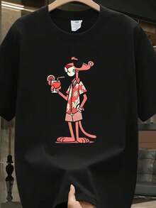 New Pink Panther Printed Shirt Casual Model 100% Cotton Short Sleeve Round Neck Shirt - 黑色 - 查看 2