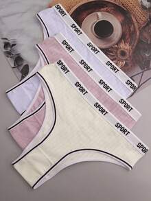 4条装女士彩色字母条纹舒适弹力运动丁字裤