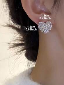 1 Pair Luxurious Elegant Romantic Heart-Shaped Rhinestone Encrusted Unique Ear Studs For Women - Silver - View 5