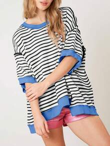 Womens Oversized Striped T Shirt Color Block Cotton Crewneck Half Sleeve Loose Fit Top - màu đen - Xem 1