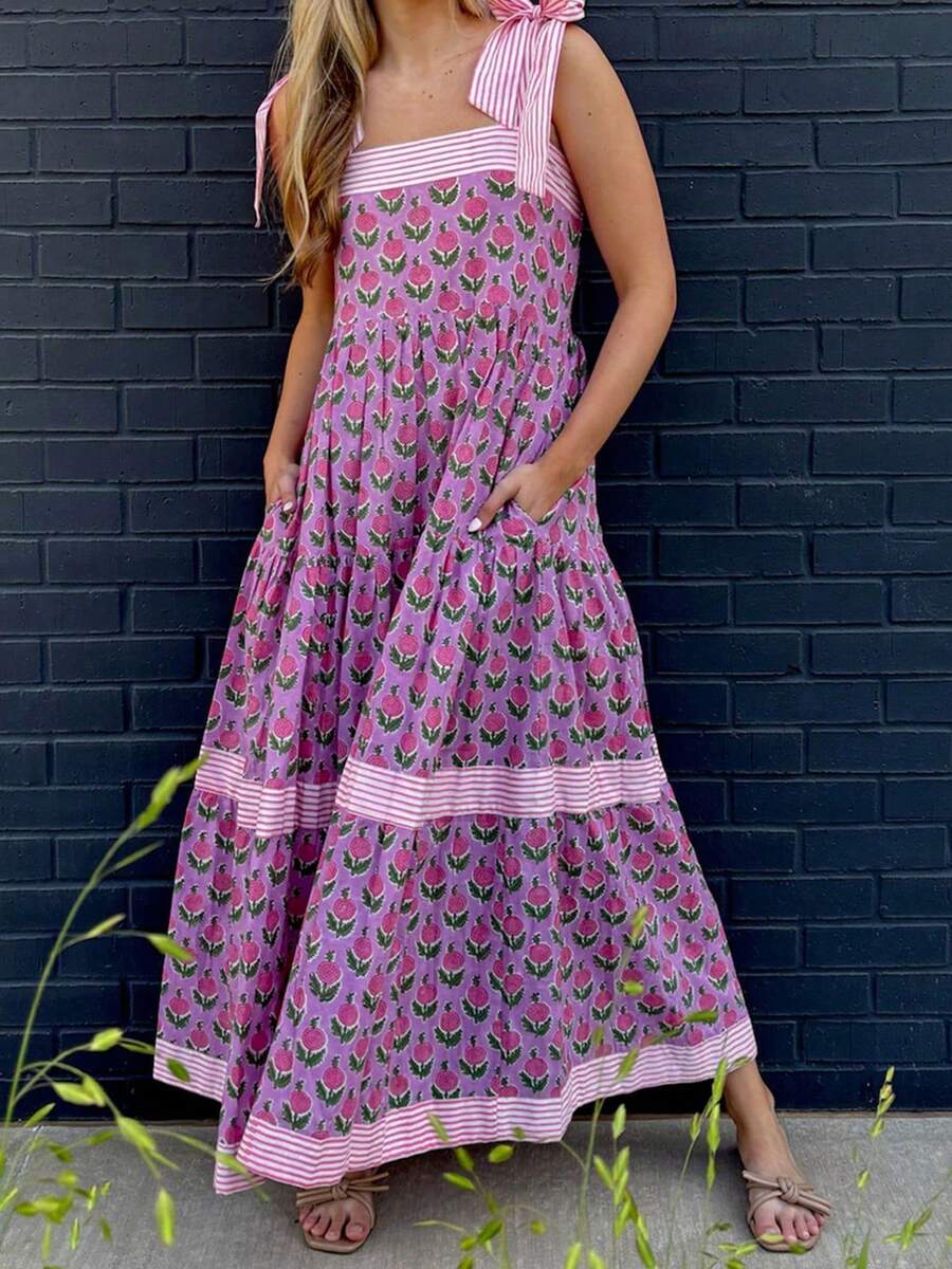 Women Y2k Tie Shoulder Maxi Dress Floral Print Stripe Tie-Up Straps Cami Dress Summer Fashion Sleeveless Casual Beach Long Dress - 紫色 - 查看 1