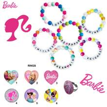 Mattel Set de bijuterii cu inel și brățară Barbie cu mărgele, licențiat oficial, conține 1 brățară și 1 inel, diverse stiluri, aleatoriu, o prințesă, colorat și drăguț, perfect pentru cadouri de ziua de naștere și cadouri de petrecere.