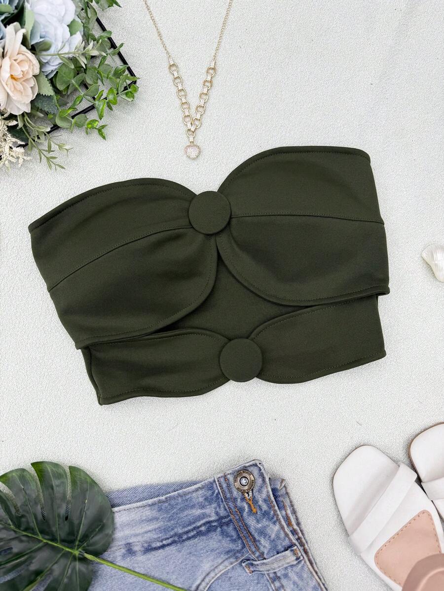 ELLIE Women's Strapless Crop Top With Button Details - 軍綠色 - 查看 1