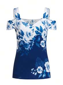 Abbigliamento estivo da vacanza per donna, maglietta casual con spalle scoperte e motivi, elegante camicetta estiva