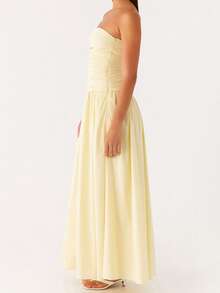 Women Tube Top Maxi Dress Elegant Sleeveless Strapless Ruched Flowy Dress Summer Long Wedding Party Cocktail Dresses - Yellow - View 4
