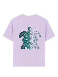 青少年女孩休闲图案印花圆领短袖 T 恤，夏季上衣