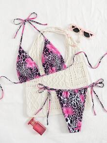 两件套豹纹和花卉印花性感露背自系比基尼，波西米亚风格女士泳衣，度假海滩装，夏季 - 粉色 - 查看 2